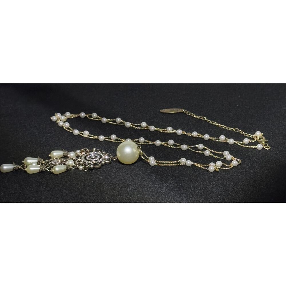 Plunder Gold Tone SET Faux Pearl Rhinestone Necklace Earrings Bridal Statement - Picture 5 of 10